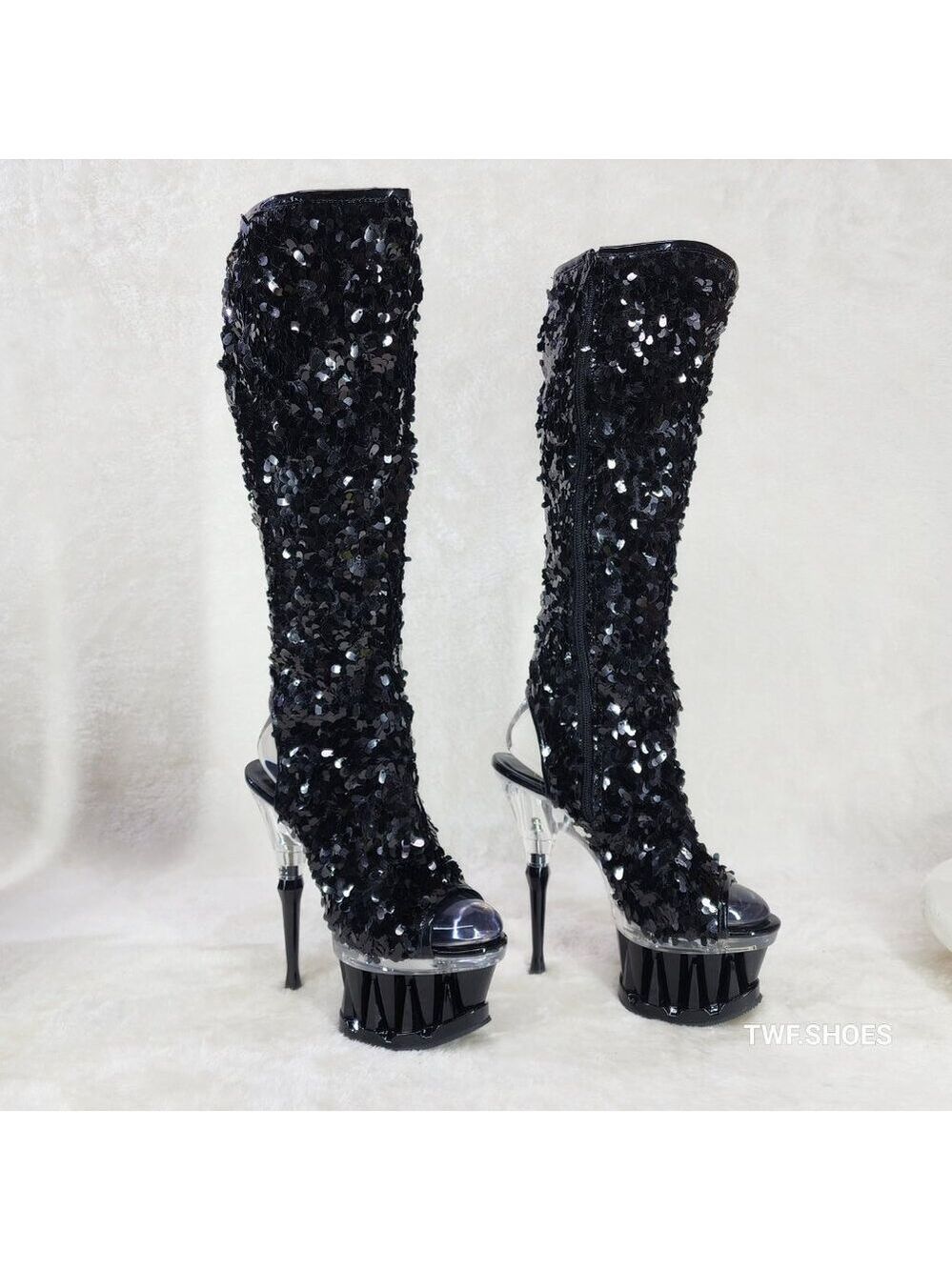 Pleaser Spiky Black Sequin Knee Boots Spiked Design Platform - Picture 3 of 12